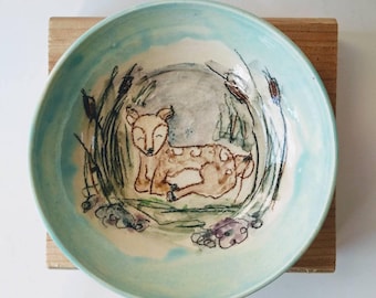 Cute deer ring dish, whimsical woodland buddy jewelry storage, aqua blue pottery trinket dish, floral forest friend ice cream prep bowl