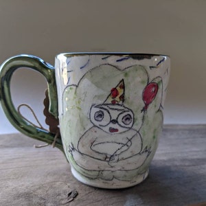 Happy Birthday Sloth Balloon Coffee Pottery Mug, Brown and White Ceramic Cocoa Cup, 8oz Handmade Rustic Tea Cup, Woodland Buddy Espresso Cup