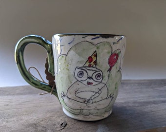 Happy Birthday Sloth Balloon Coffee Pottery Mug, Brown and White Ceramic Cocoa Cup, 8oz Handmade Rustic Tea Cup, Woodland Buddy Espresso Cup