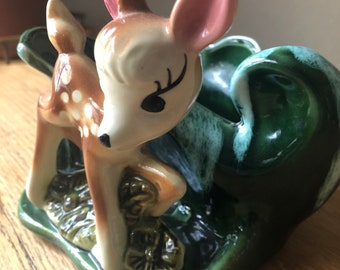 Vintage Planter Ceramic Bambi Drip Glaze Pottery Deer Doe Fawn Green Planter Blue Planter 1948 Disney Planter
