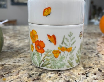 Vintage 1970s Round Ceramic Jar With Lid Floral Orange Green White Seventies Vibe