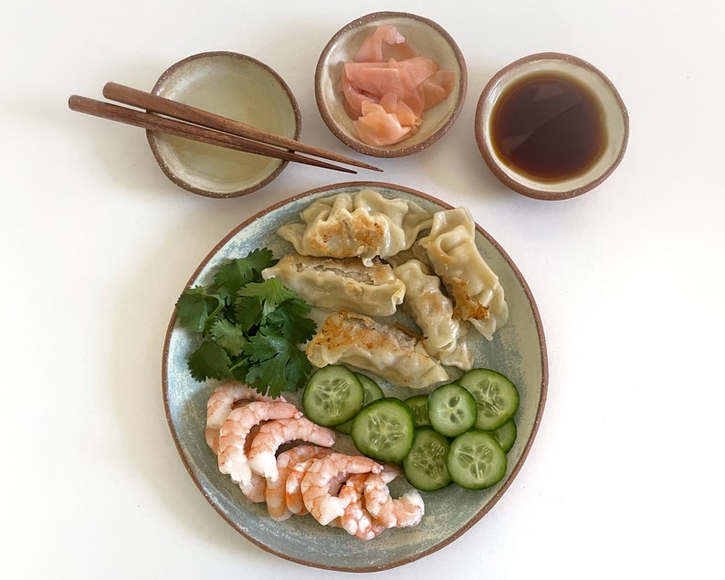May include: A plate of food with dumplings, shrimp, cucumber slices, and cilantro. There are also small bowls of pickled ginger and soy sauce.