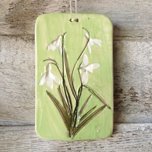 Snow Drop Wild Flower, Hand Painted Ceramics and Pottery Tile, Decorative Wall Hanging, Trivet, Cutting, or Cheese Board