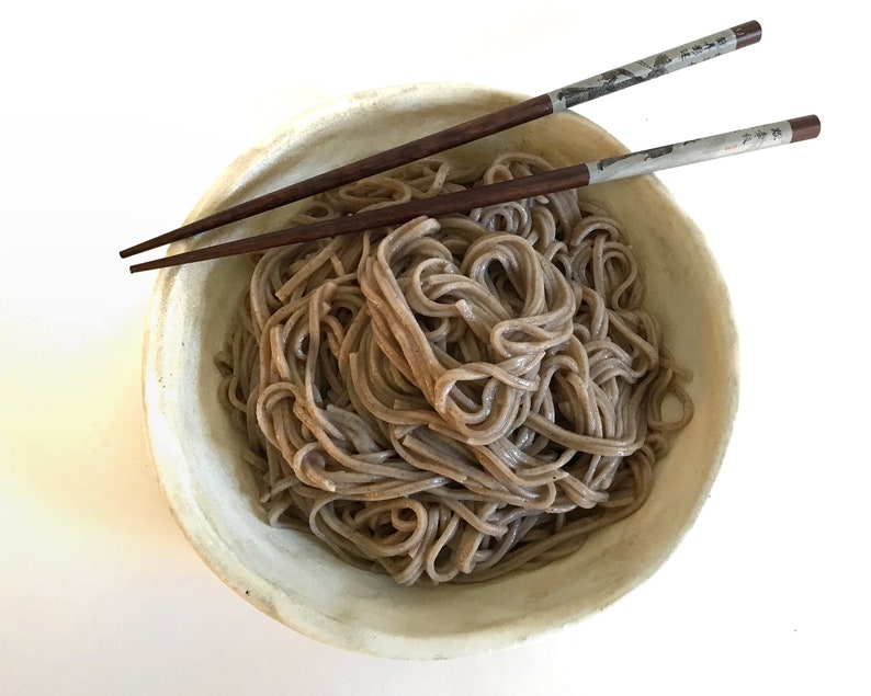 May include: A white bowl filled with brown soba noodles, with two wooden chopsticks resting on the rim of the bowl.