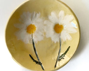 Daisy Dish. Ring Dish. Round Soap Dish. Spoon Rest. Tea Bag Holder. Botanical Pottery. Gifts For Her. Yellow Home Decor