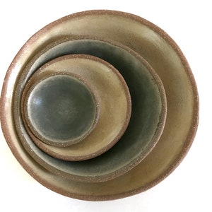 Ceramic Nesting Bowl Set. Wild Sage and Sepia Cream Matte Glazed Stoneware Pottery Bowls