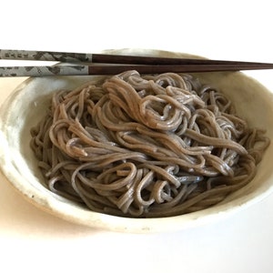 May include: A white bowl filled with a large portion of cooked soba noodles. The noodles are dark brown in color and are arranged in a loose pile. A pair of wooden chopsticks are resting on the rim of the bowl.