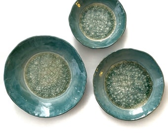 Emerald Green Ceramic Wall Art: Crackle Glass Glaze, Modern Rustic Decor