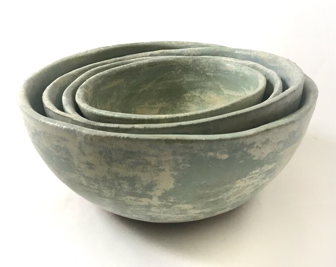 Ceramic Nesting Bowl Set, 4 Ocean Breeze Stoneware Pottery Bowls