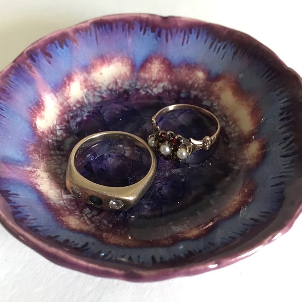 Ceramic Catchall Bowl. Plum Glaze With A Crackle Glass Center. 2 sizes.Medicine Holder. Healing Stones & Ring Dish. Eye Candy. Unique Gift.