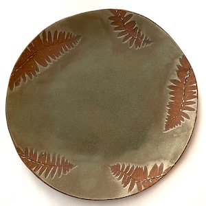 Ceramic Serving Plate. Rustic Fern Leaf Botanical Pottery Dish. Large Round Platter. One-Of- A-Kind