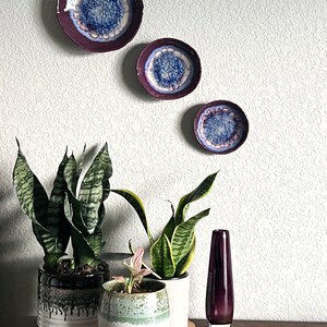 May include: Three purple ceramic plates with blue and white designs hang on a white textured wall. Three potted plants and a purple glass vase sit on a dark wood surface.
