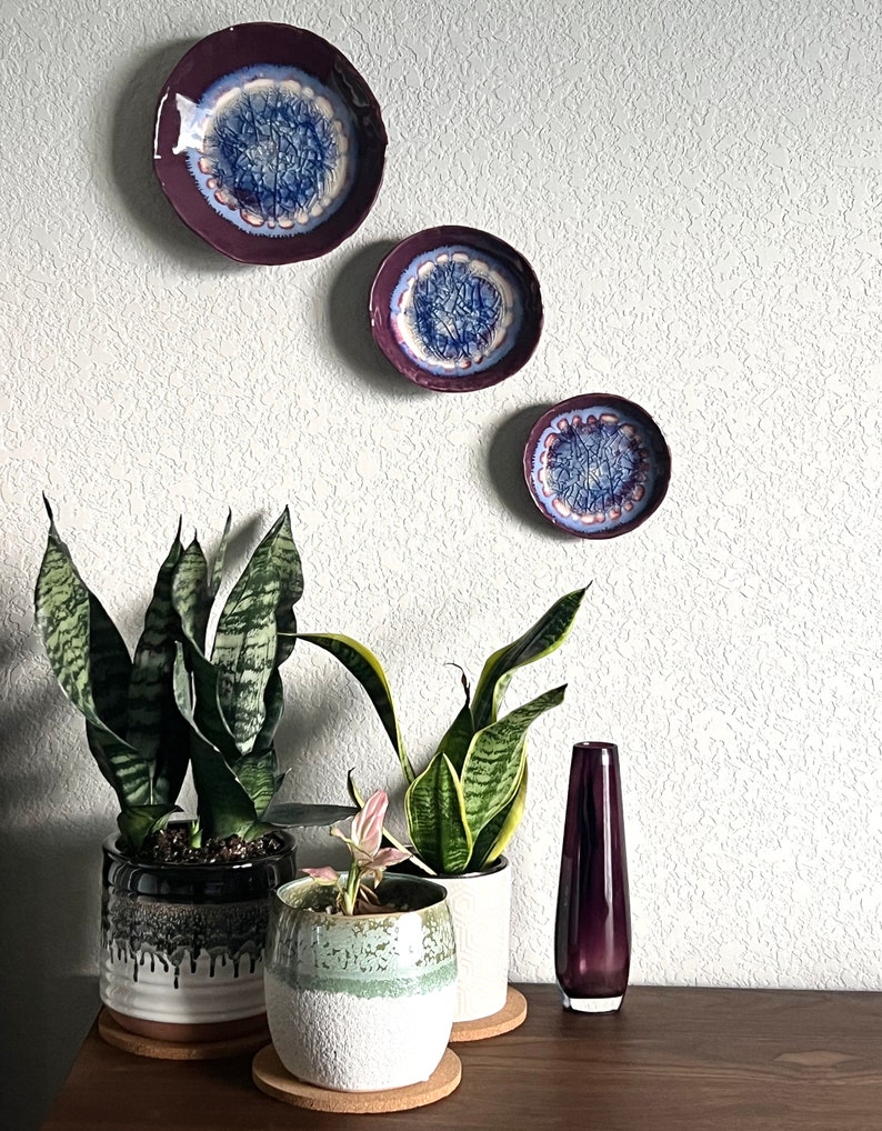 May include: Three purple ceramic plates with blue and white designs hang on a white textured wall. Three potted plants and a purple glass vase sit on a dark wood surface.