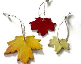 Ceramic Maple Leaf Ornament.  Christmas Ornaments. Vermont Pottery. Hostess Gift. Colorful Home Decor. Teacher Gift. Nature Lover Gifts