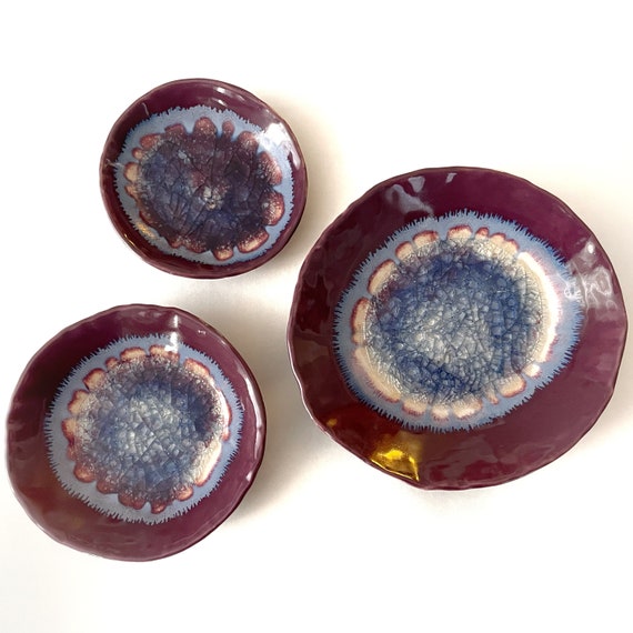 Plum Purple Ceramic Wall Hanging Plate: Crackle Glass Glaze, Modern Rustic Decor