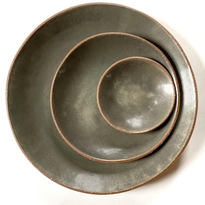 Hand-Built Stoneware. 3 Plates Set: Matte Glaze Pottery Dinnerware