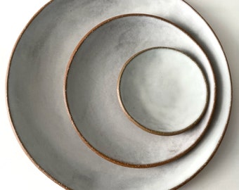 Pottery Plate Set. MADE TO ORDER. Hand-built Stoneware Ceramic Dinnerware. Mix and Match Dishes. White wash Matte Glaze