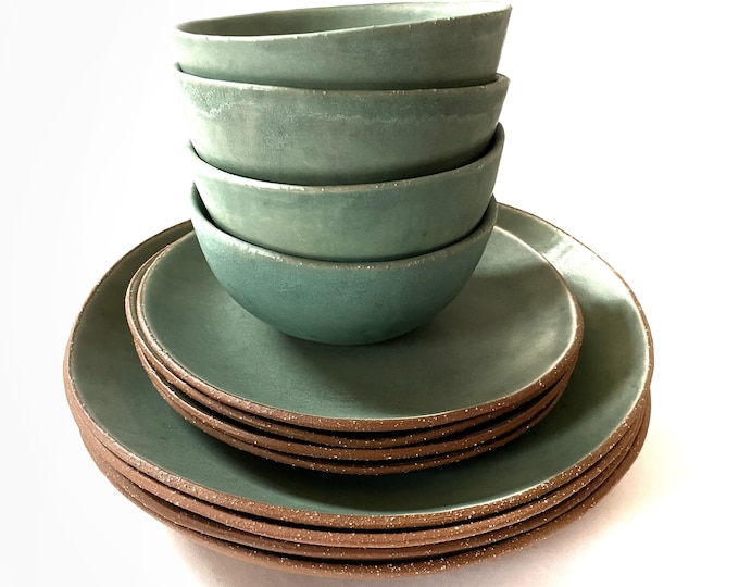 4 Pottery Place Settings. Ready to Ship. 4 Sets. Hand-built Stoneware Pottery Tableware. Dinnerware Dishes