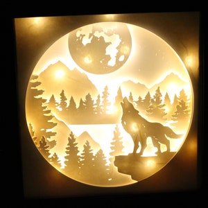 Light Up Howling Wolf Shadow Box, illuminated 3D wolf and moon 8x8 shadow box, home decor