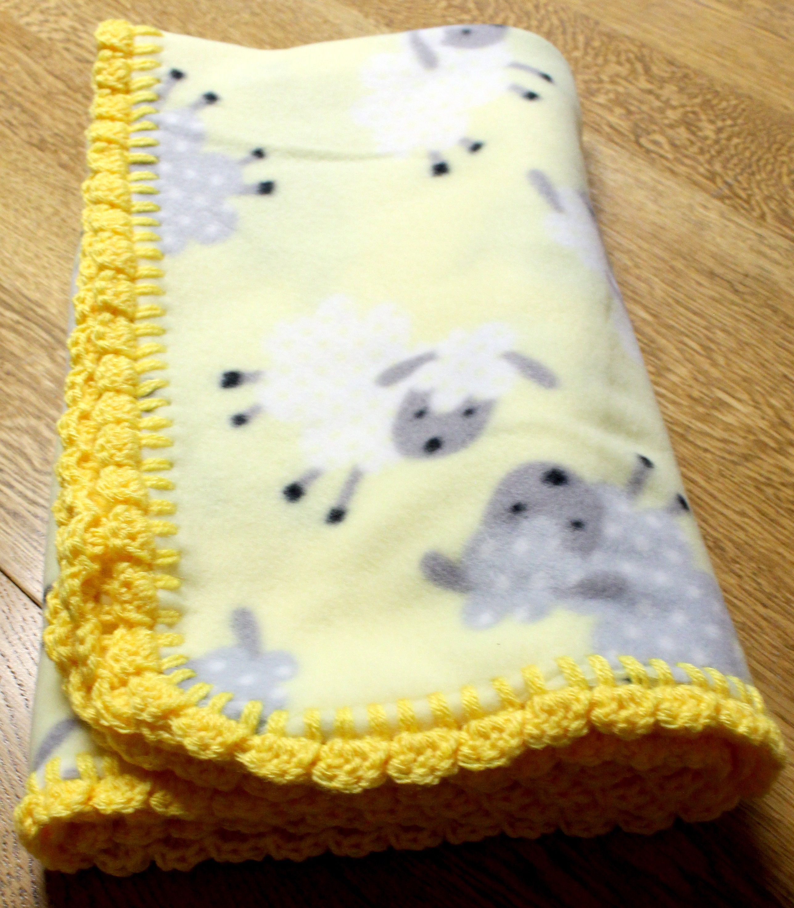 Crocheted Edge Fleece Baby Blanket Yellow Fleece With Grey Etsy UK