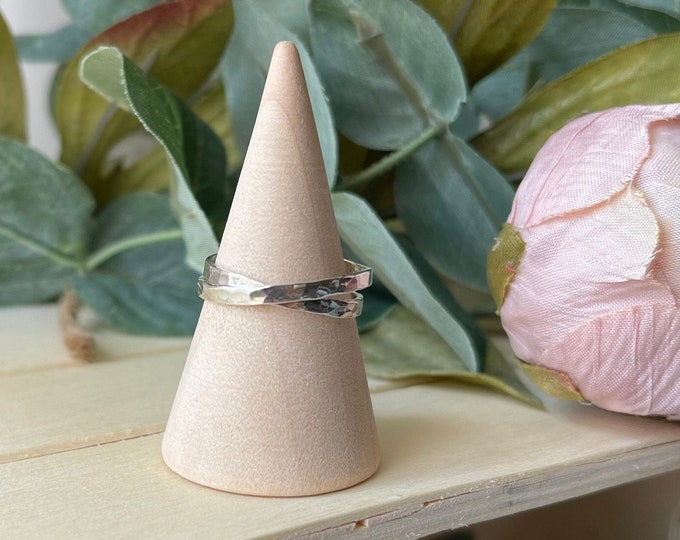 Handcrafted sterling silver thin criss cross hammered ring for women.