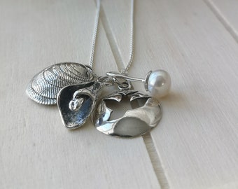 Necklace Beach sea shell pearl containing 4 charms handcrafted in sterling silver for women, charms, beach charms, silver pendants