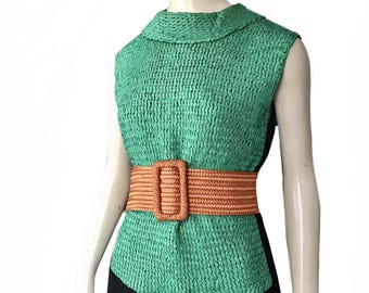 Vintage groen lint uit de jaren 50 met de hand gebreide mouwloze top / Amerikaanse maat Large