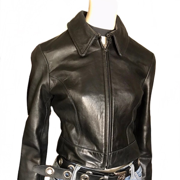 Banana Republic black genuine leather cropped biker jacket / rockabilly punk rock short jacket size XSmall