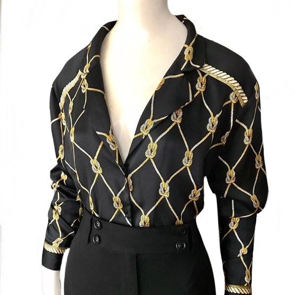 Zara trf collection knot rope blouse / 1940s style black gold top size Medium