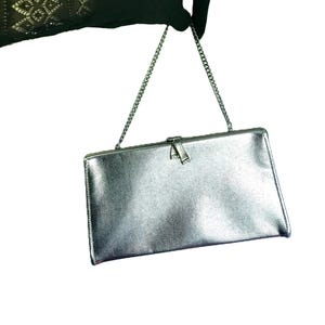 1950s 1960s silver leather top handle purse / 50s 60s rhinestone clutch rockabilly mod evening purse