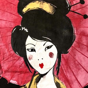 May include: Illustration of a geisha with black hair styled in a traditional bun, red lips, and rosy cheeks. She is wearing a yellow kimono and holding a red parasol. The artwork has a vintage, hand-painted aesthetic.