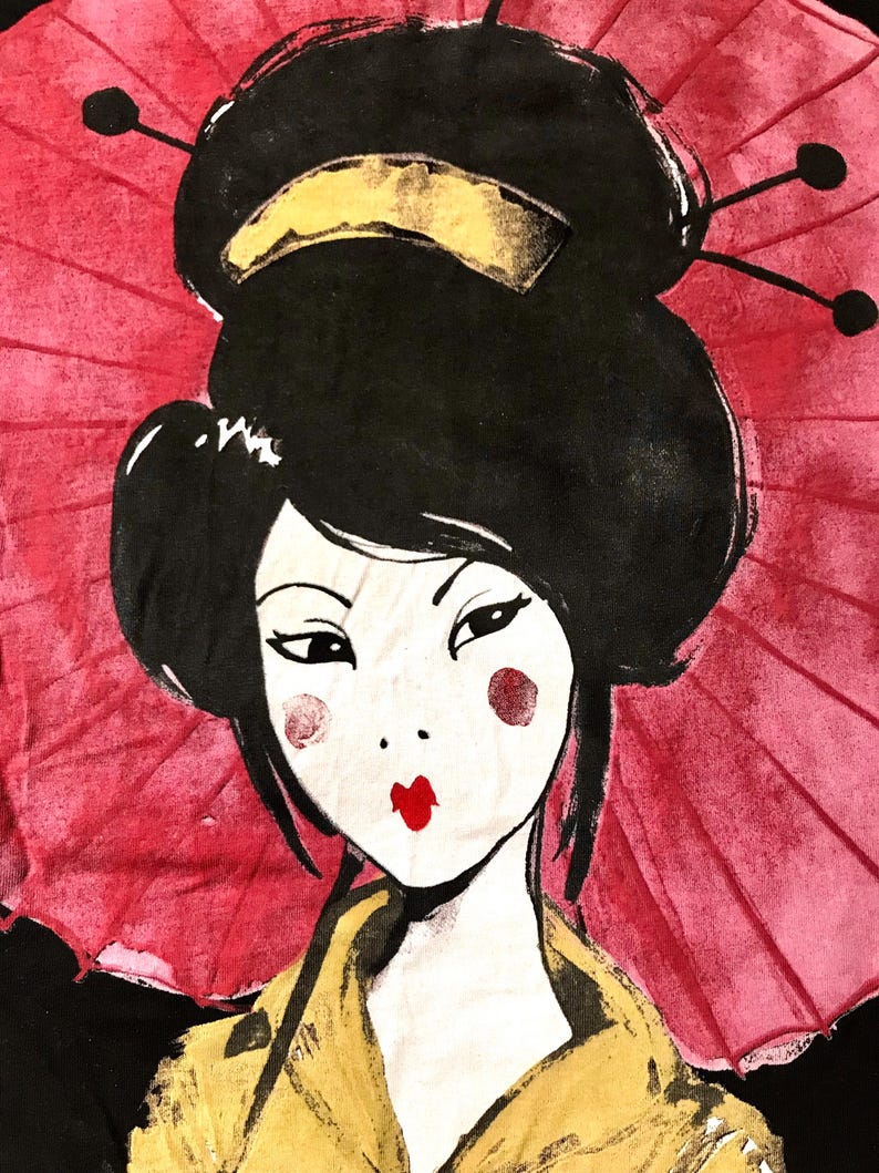 May include: Illustration of a geisha with black hair styled in a traditional bun, red lips, and rosy cheeks. She is wearing a yellow kimono and holding a red parasol. The artwork has a vintage, hand-painted aesthetic.