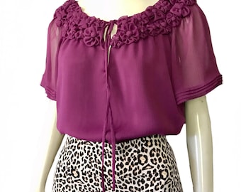 purple floral sheer blouse / soft feminine short sleeve top size Medium