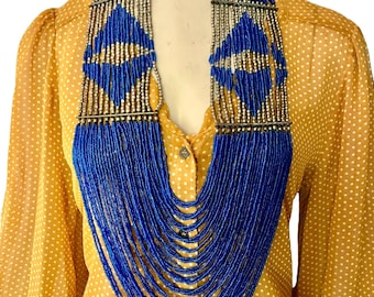 huge blue glass beaded multi strand bib fringe necklace / Avant Garde statement jewelry