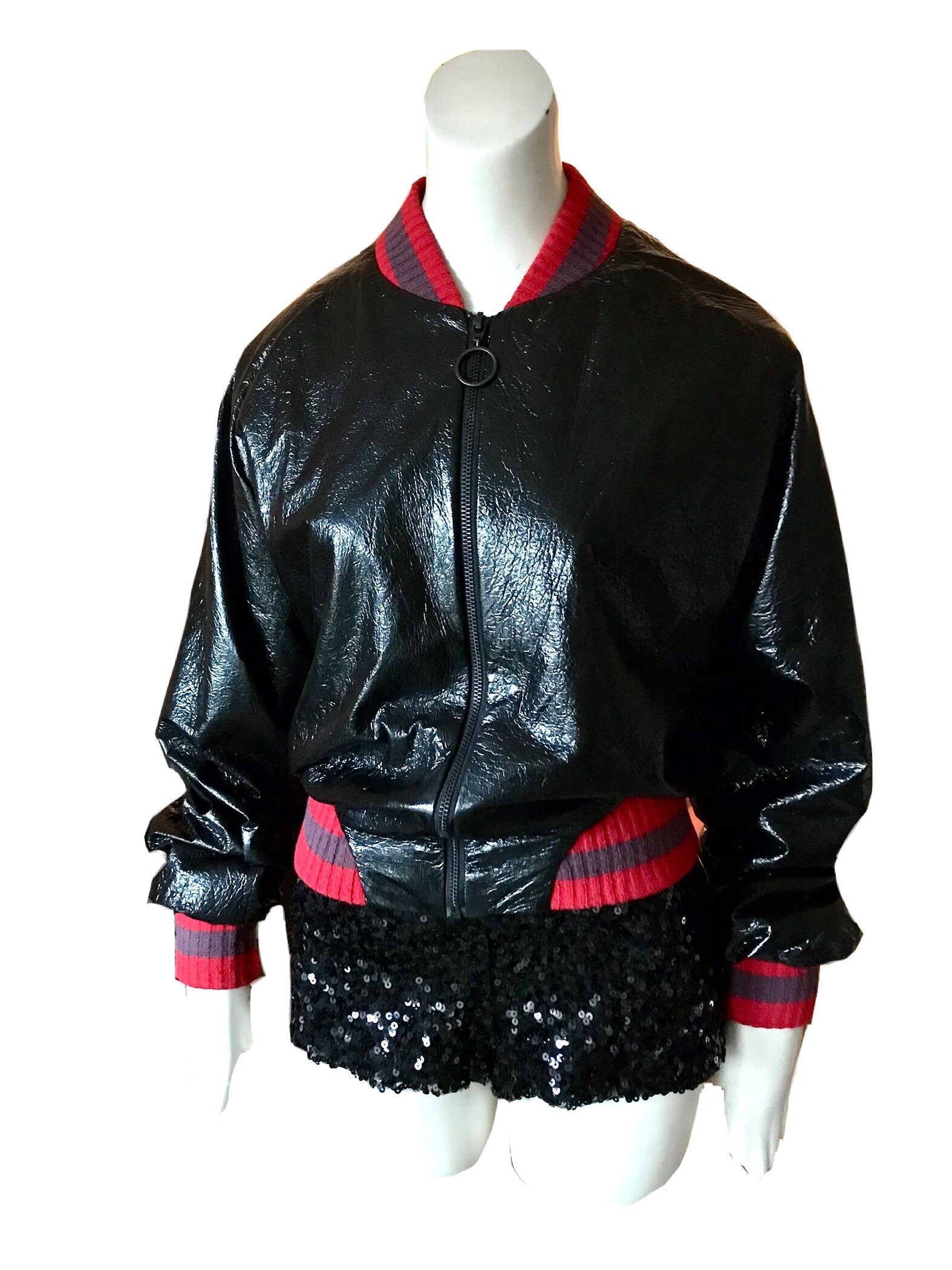 Black patent leather bomber jacket hotsell