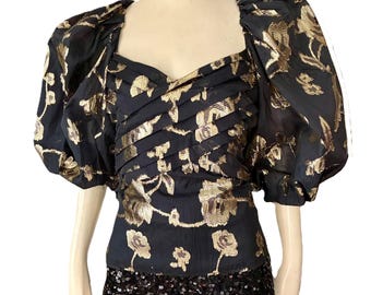 Dramatic balloon sleeve floral cocktail blouse / black gold metallic top size Small