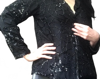 1980s Beaded Black Silk Blouse: Adrianna Papell Party Top, Size Medium