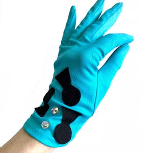 1950s novelty keyhole beaded turquoise gloves/ 50s blue burlesque show girl pinup gloves/ rockabilly gloves/ evening gloves