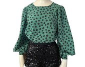 green black polka dot balloon  sleeve blouse / long puffed sleeve top size Medium