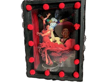 mixed media art Spanish Mexican dancer / shadow box/ collage assemblage wall hanging