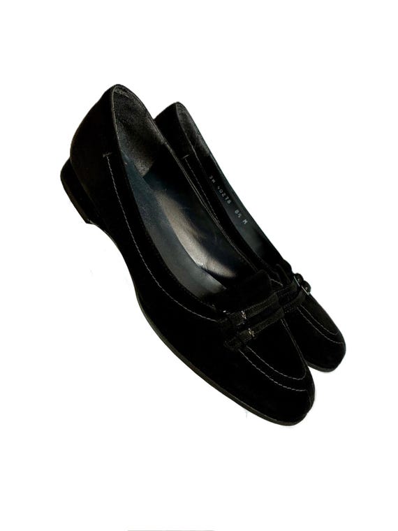 Vintage Stuart Weitzman black suede Leather buckle Loafers: 1960s style Mod Slip-Ons, Size 8.5 M / made in Spain