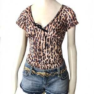 1990s French Leopard Print Top: Stretch Animal Print, Size Small