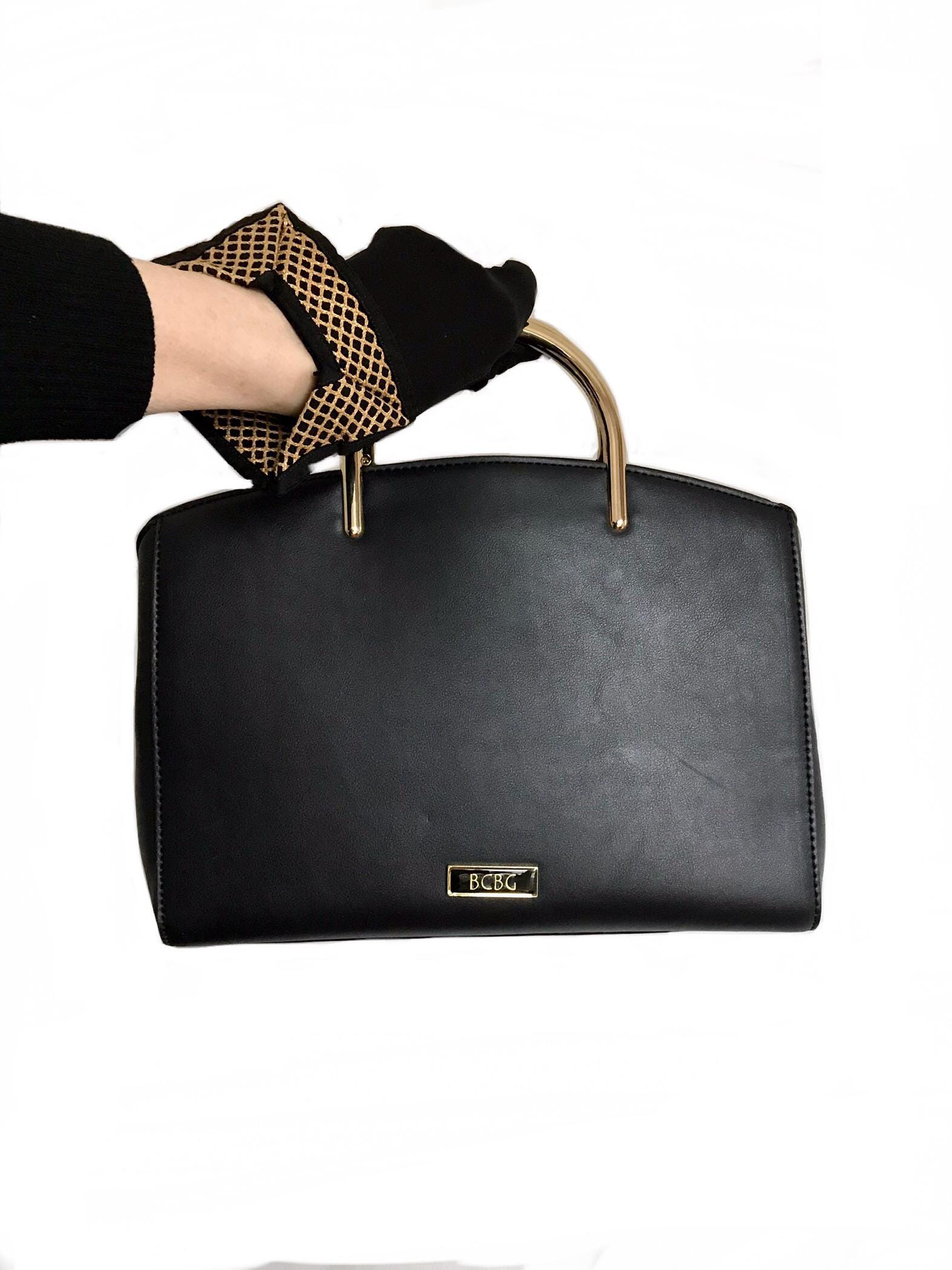 BCBG Black Vegan Leather Purse / Sculptural Gold Tone Top  display picture 2