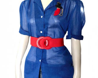 Vintage 80s Polka Dot Blouse: Blue White Puffed Sleeve Top, US Size 10