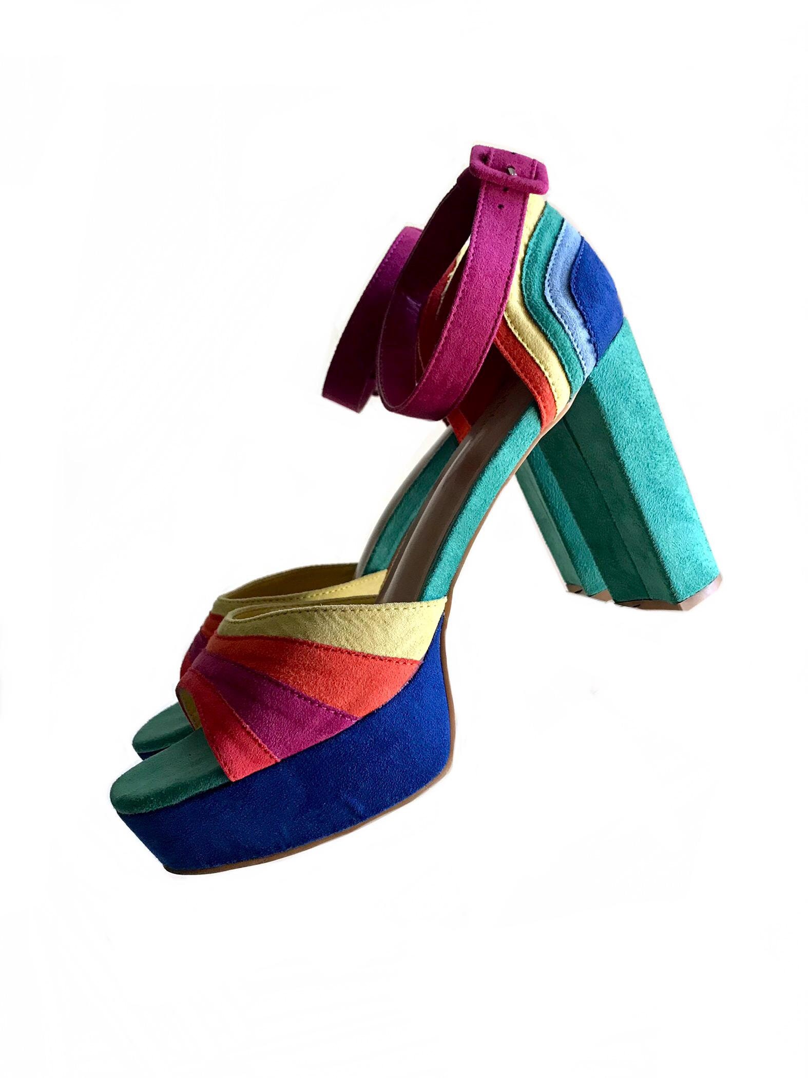 Unique Vintage Rainbow Suede Peep Toe Pumps High Heel Shoes Size