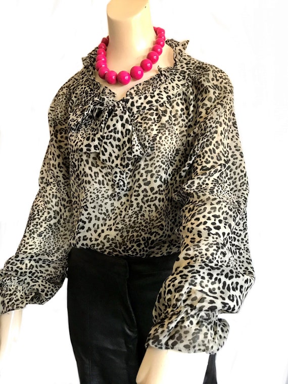 1990s leopard black white ruffle blouse / animal … - image 5