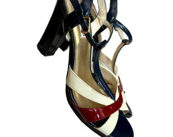 Steve Madden patent leather T-strap sandal Heels / Mary Jane peep toe Designer Pumps, Size US 8M