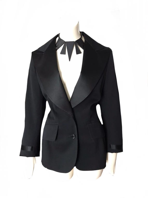DKNY black wool blazer tuxedo Donna Karan smoking evening jacket