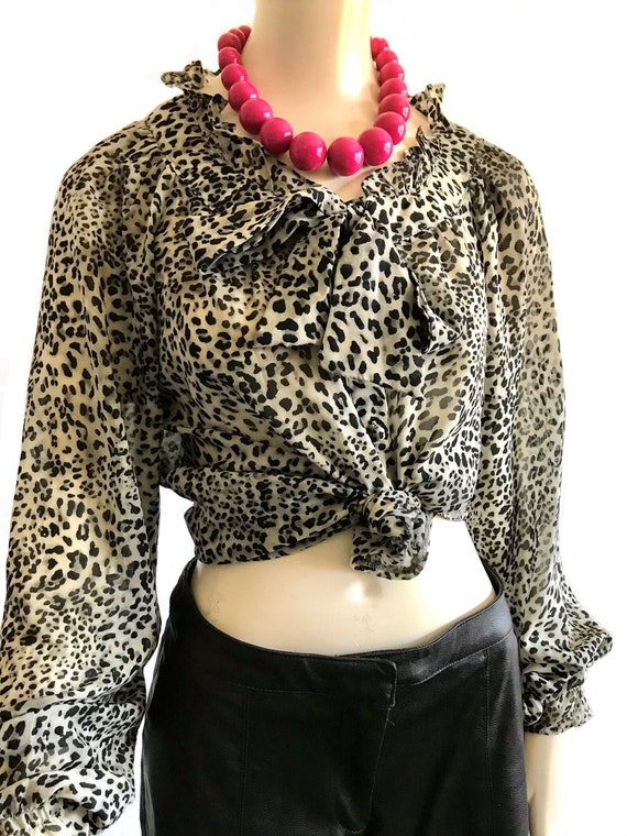 1990s leopard black white ruffle blouse / animal … - image 4