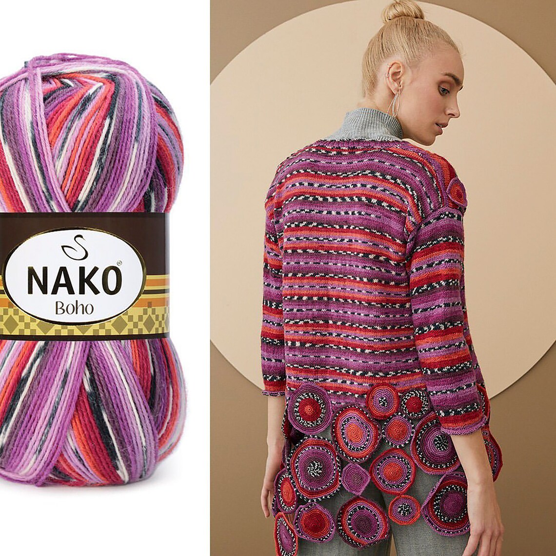 Nako Boho Concept Yarn, Multicolored Yarn, Sock Yarn, Wool Yarn, Winter